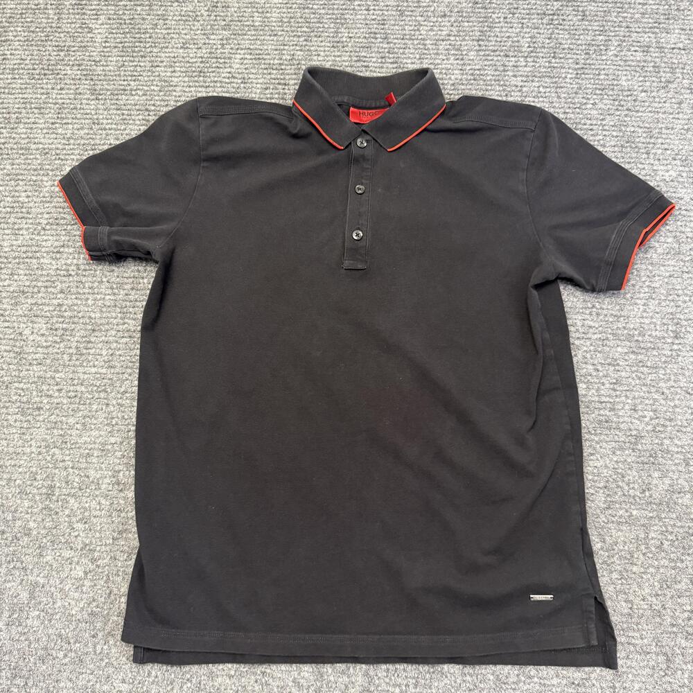 Hugo Boss Polo Shirt Mens Small Black Solid Slim Fit Stretch Logo Casual